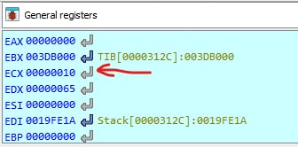 Screenshot: Time to run our program and inspect the value of ecx ( which is our key[i-1])