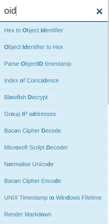 Screenshot: Let's go ahead and look for oid in cyberchef