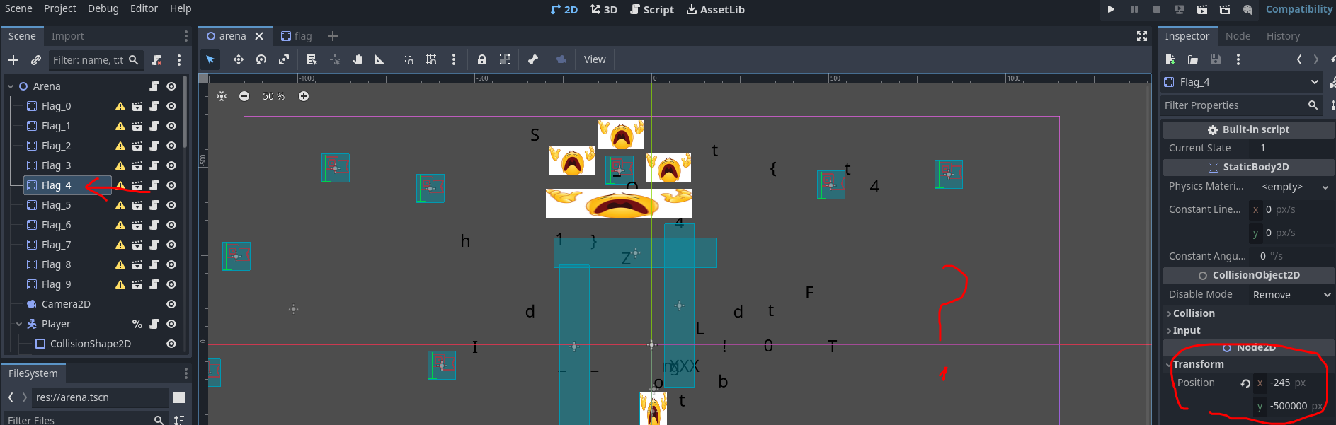 Screenshot: Let's select the 5th flag while we open the arena in 2d , so it shows us which object we are currentlyโฆ