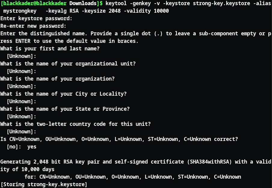 Screenshot: And to do that, I'll use apksigner, but first, we need to generate a key using keytool. Starting with…